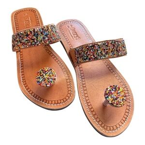 Alex’s Pure Genuine Leather Beaded Multi Color Handmade Thong Sandals- Coachella